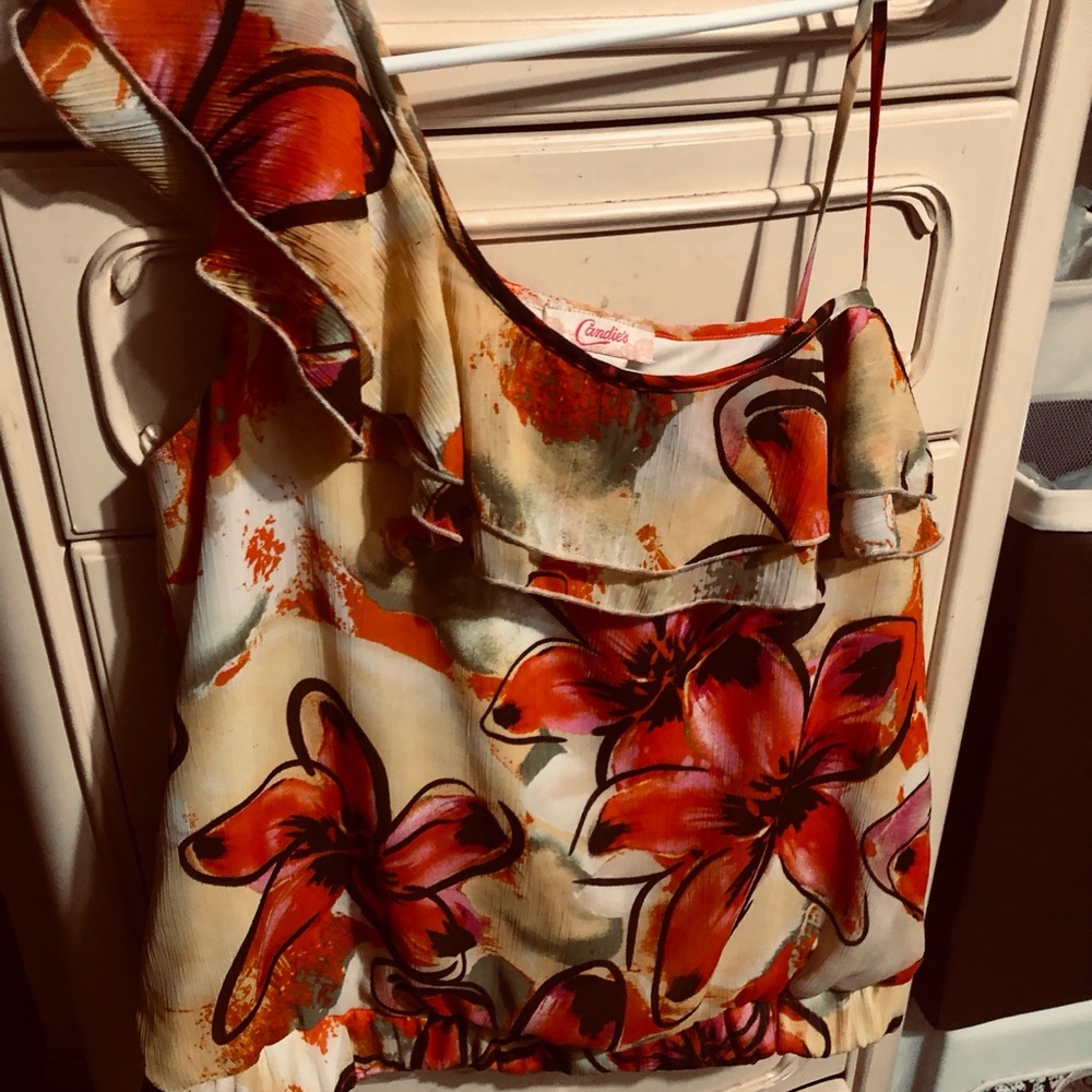 Candie's orange, yellow and Cream Floral Ruffle Hawaiian print size large